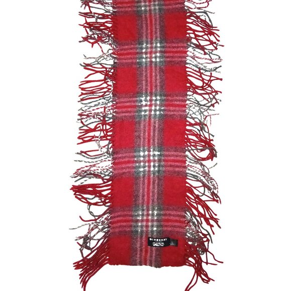 Burberry Funky Double Fringe Vintage Red Gray Plaid Luxury Fall Winter Scarf - Picture 1 of 4